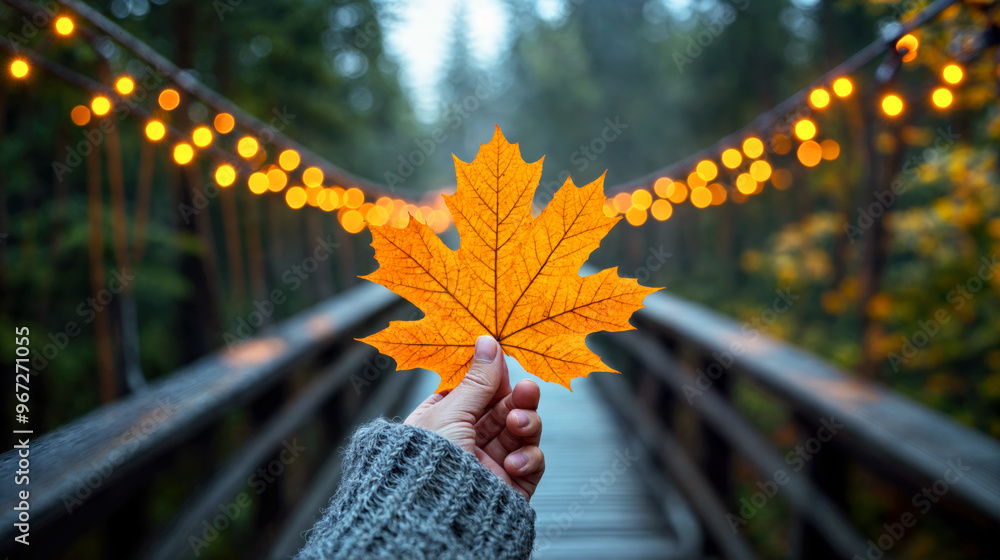 Obraz premium Hand Holding Autumn Leaf on Illumined Wooden Bridge in Forest