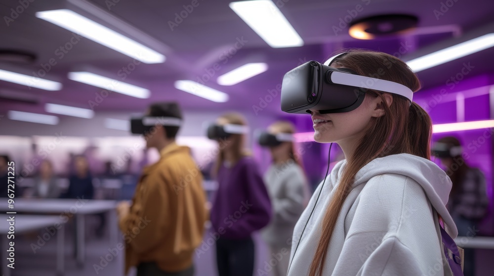 A group of students wearing VR headsets in a university classroom, with a purple and white color theme and a futuristic atmosphere. A group of students wearing VR headsets in a university classroom, with a purple and white color theme and a futuristic atmosphere.