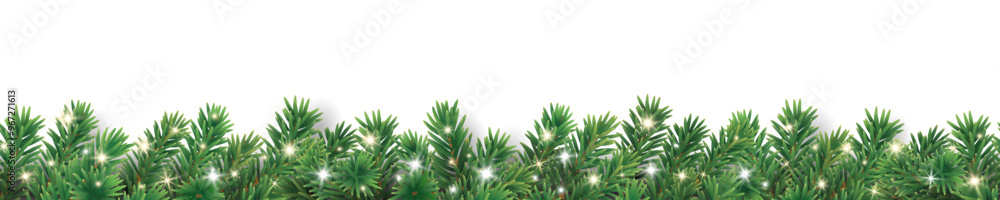 Christmas tree seamless garland on transparent background. Realistic pine-tree branches with glowing sparkling Christmas lights decoration. Vector border for holiday banners, party posters, headers. Christmas tree seamless garland on transparent background. Realistic pine-tree branches with glowing sparkling Christmas lights decoration. Vector border for holiday banners, party posters, headers.
