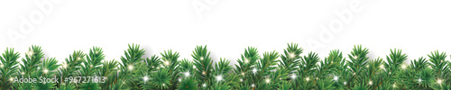Christmas tree seamless garland on transparent background. Realistic pine-tree branches with glowing sparkling Christmas lights decoration. Vector border for holiday banners, party posters, headers.