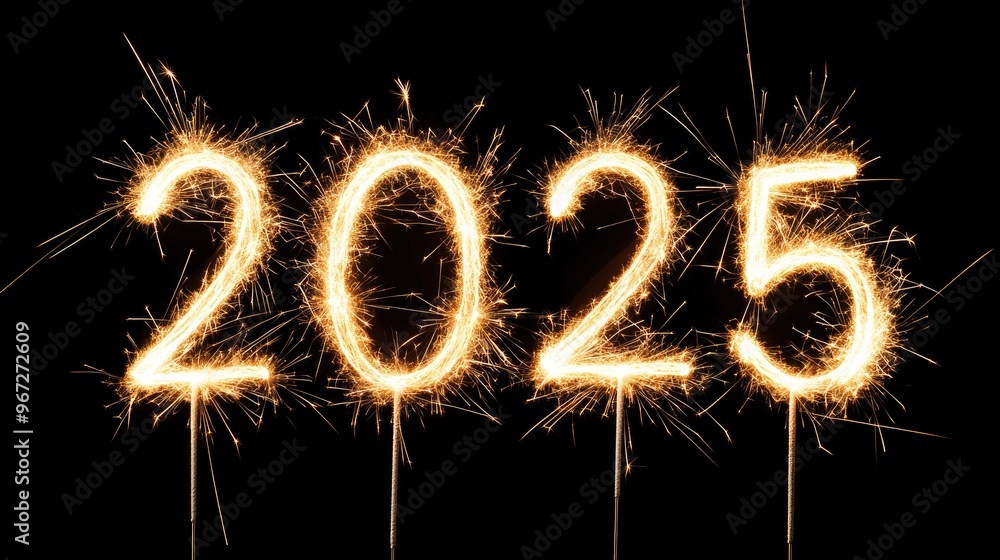 Golden fireworks illuminate the night sky as they spell out the year 2025 in sparkler numbers, creating a festive New Year's atmosphere Golden fireworks illuminate the night sky as they spell out the year 2025 in sparkler numbers, creating a festive New Year's atmosphere