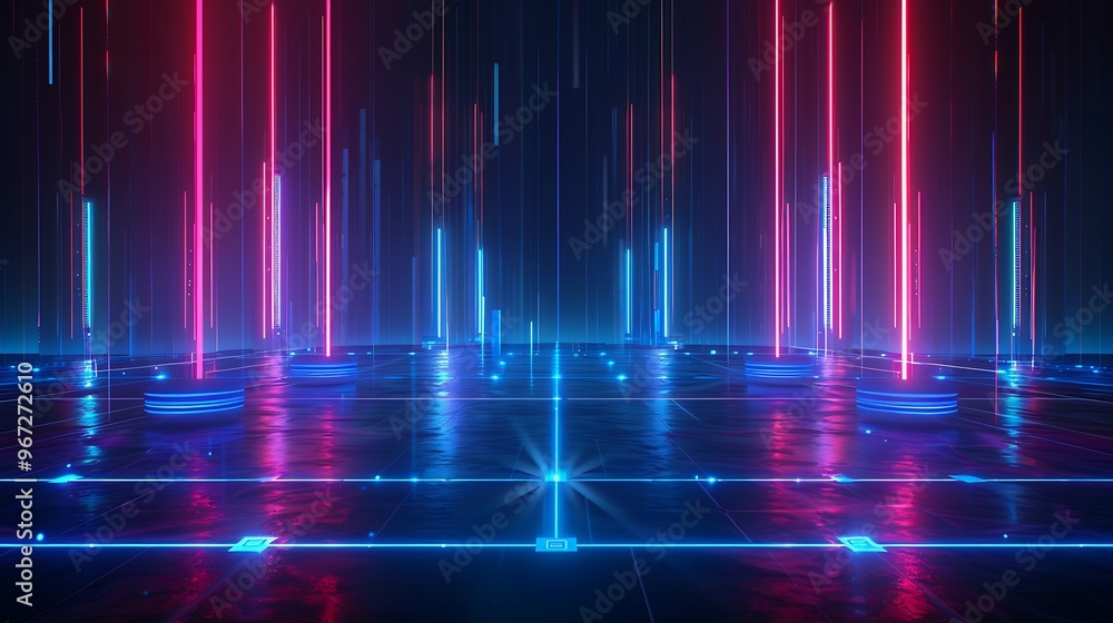Futuristic neon lights illuminate a digital landscape, creating a vibrant and dynamic atmosphere for tech and sci-fi themes. Stage for product presentation. Futuristic neon lights illuminate a digital landscape, creating a vibrant and dynamic atmosphere for tech and sci-fi themes. Stage for product presentation.