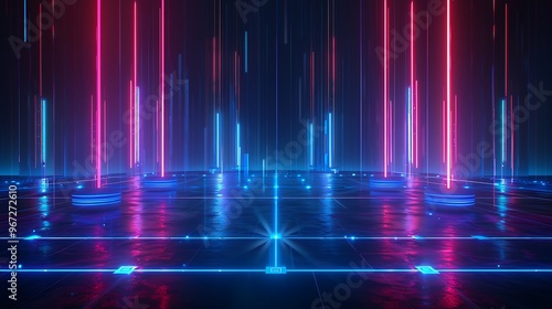 Futuristic neon lights illuminate a digital landscape, creating a vibrant and dynamic atmosphere for tech and sci-fi themes. Stage for product presentation.