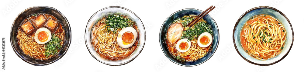 Japanese Ramen Bowl Watercolor Illustration with Egg and Chopsticks Japanese Ramen Bowl Watercolor Illustration with Egg and Chopsticks