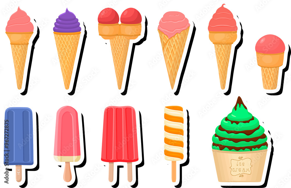 Illustration on theme big kit ice cream popsicle different types in cone waffle cup Illustration on theme big kit ice cream popsicle different types in cone waffle cup