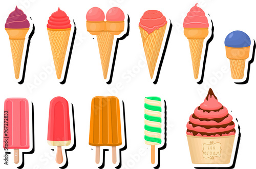 Illustration on theme big kit ice cream popsicle different types in cone waffle cup