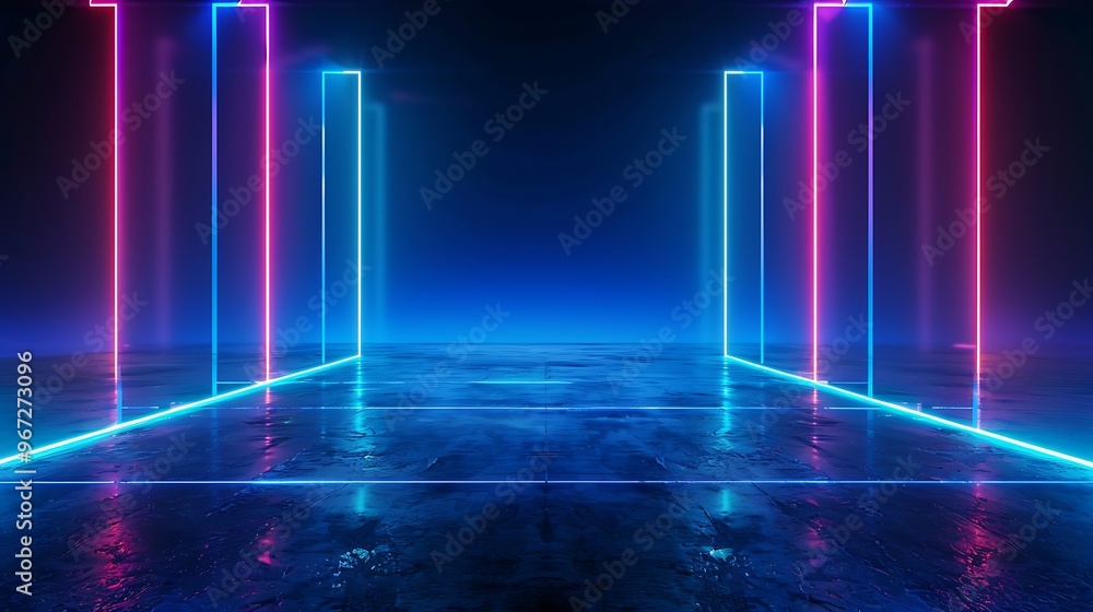 Futuristic neon lights illuminate a reflective floor in a vibrant digital landscape, creating an immersive visual experience. Stage for product presentation. Futuristic neon lights illuminate a reflective floor in a vibrant digital landscape, creating an immersive visual experience. Stage for product presentation.