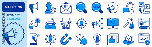 Icons in two colors about marketing. Communication concept.