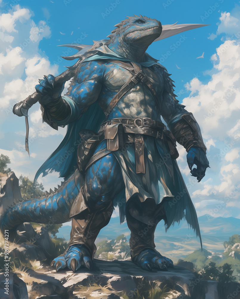 Naklejka premium determined lizard warrior gripping a large axe in a commanding stance overlooking a vast mountainous landscape