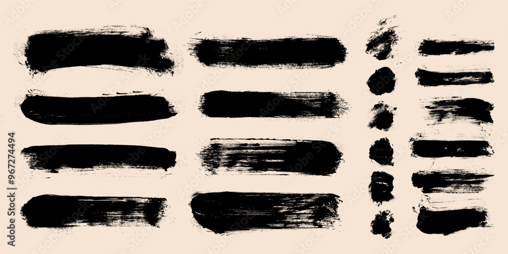 Naklejka premium Set of brush strokes vector. Banner ads text boxes. Vector paintbrush collection. Grunge design elements. Template dirty texture banners. Painted rectangles and long strokes. Black vector illustration