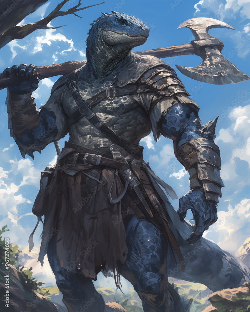 Fototapeta premium strong lizard warrior with a large double-bladed axe standing in the sunlight under a clear sky in a rugged landscape