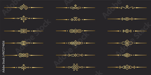 Gold text dividers doodle set. Wedding decorative elements. Divider ornament, borders, vintage line separators. Hand drawn vector illustration isolated on white background