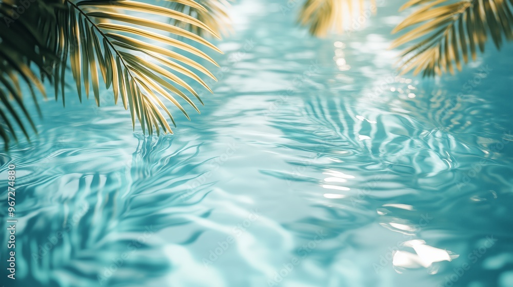 A light blue background with palm leaves and water ripples, creating an elegant summer atmosphere. The background features soft sunlight reflections on the clear pool surface A light blue background with palm leaves and water ripples, creating an elegant summer atmosphere. The background features soft sunlight reflections on the clear pool surface