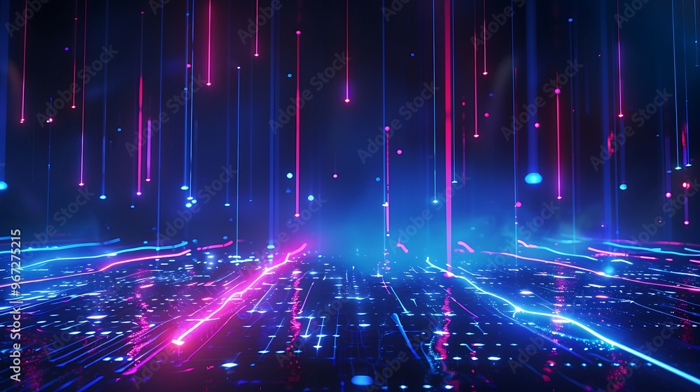 Vibrant and dynamic abstract image featuring colorful neon lines in a digital landscape, creating an immersive high-tech atmosphere. Stage for product presentation. Vibrant and dynamic abstract image featuring colorful neon lines in a digital landscape, creating an immersive high-tech atmosphere. Stage for product presentation.