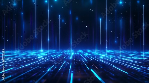 Vibrant blue light streaks create a futuristic and dynamic background, perfect for technology and digital concepts. Stage for product presentation.