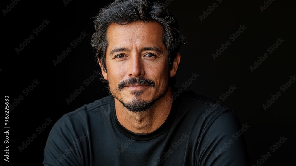 A man with a beard and mustache is smiling at the camera. He is wearing a black shirt and he is in a relaxed and confident mood A man with a beard and mustache is smiling at the camera. He is wearing a black shirt and he is in a relaxed and confident mood