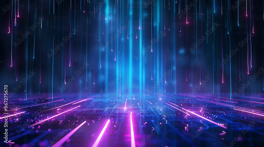 Vibrant digital background with cascading blue and pink light beams, perfect for showcasing modern technology themes. Stage for product presentation. Vibrant digital background with cascading blue and pink light beams, perfect for showcasing modern technology themes. Stage for product presentation.