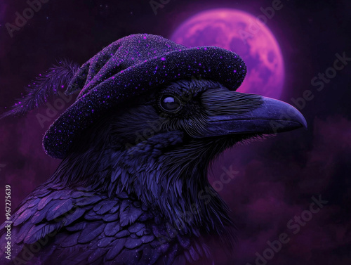 A black raven wearing wizard hat stands against mystical purple fog, illuminated by glowing purple moon. scene evokes sense of magic and mystery