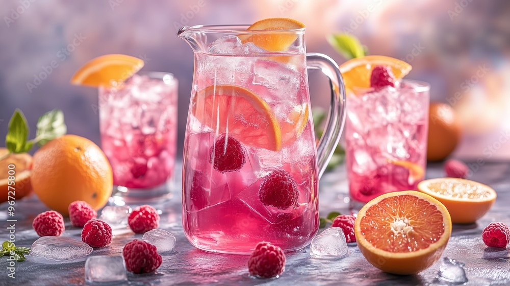 A pitcher of pink, red fruit-filled water and glasses filled with ice, oranges, and raspberries on the table A pitcher of pink, red fruit-filled water and glasses filled with ice, oranges, and raspberries on the table