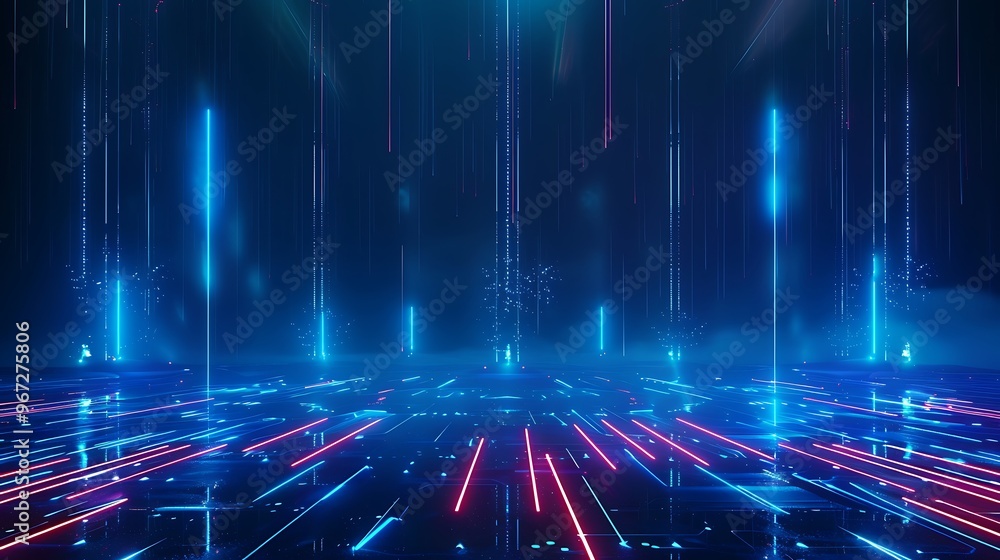 Vibrant digital background with dynamic light beams and neon colors, perfect for technology or futuristic themes. Stage for product presentation. Vibrant digital background with dynamic light beams and neon colors, perfect for technology or futuristic themes. Stage for product presentation.