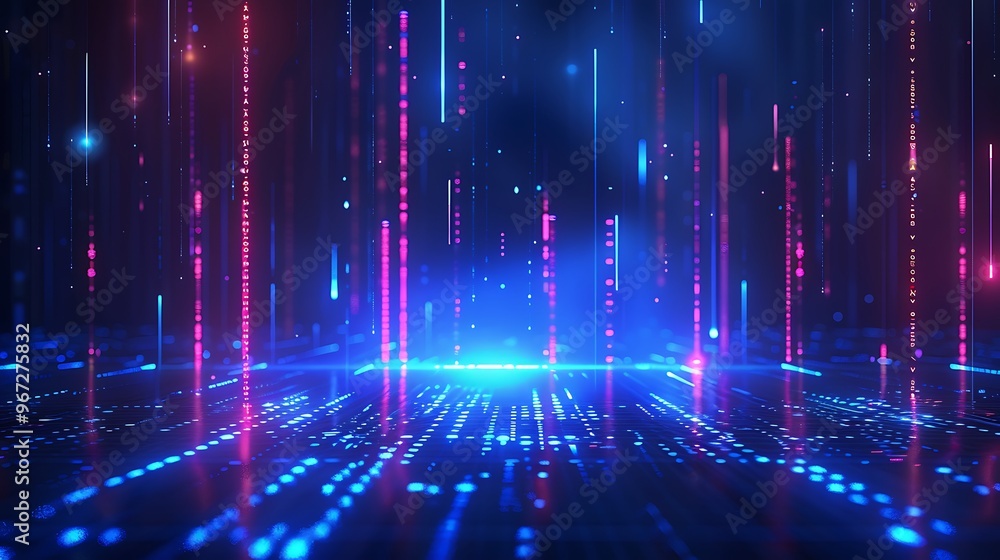 Vibrant digital background with glowing lines and particles, creating an immersive tech atmosphere in blue and pink hues. Stage for product presentation. Vibrant digital background with glowing lines and particles, creating an immersive tech atmosphere in blue and pink hues. Stage for product presentation.