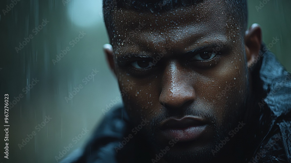 A man with a black jacket and a black hat is standing in the rain. He has a serious expression on his face A man with a black jacket and a black hat is standing in the rain. He has a serious expression on his face