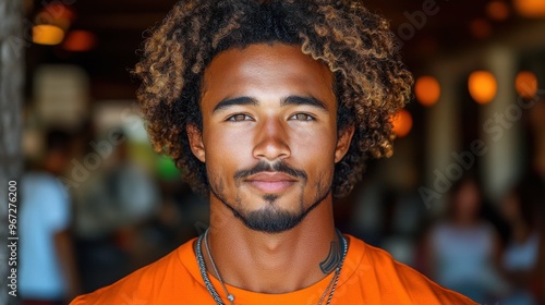 A man with a beard and dreadlocks is wearing an orange shirt. He is smiling and looking at the camera