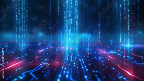 Vibrant digital landscape featuring glowing blue and pink lines creating a futuristic atmosphere. Stage for product presentation.