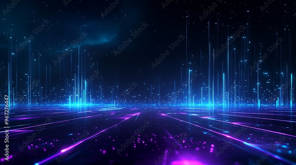 Vibrant digital landscape with colorful light beams cutting through a dark background, perfect for tech and futuristic themes. Stage for product presentation. Vibrant digital landscape with colorful light beams cutting through a dark background, perfect for tech and futuristic themes. Stage for product presentation.