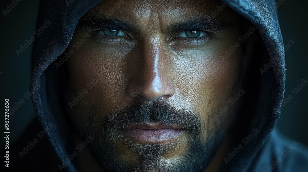 A man with a beard and a hoodie on. He has a serious look on his face A man with a beard and a hoodie on. He has a serious look on his face