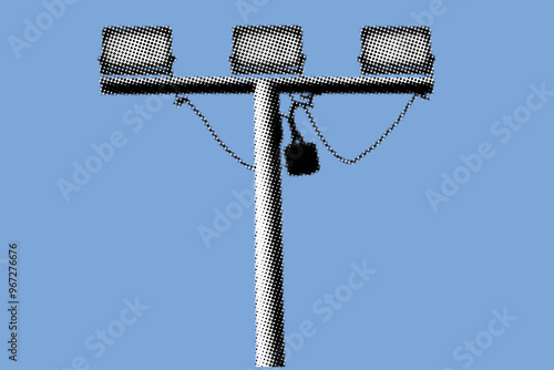 close up of LED street light pixelate color halftone dotted texture style collage element isolated on blue background
