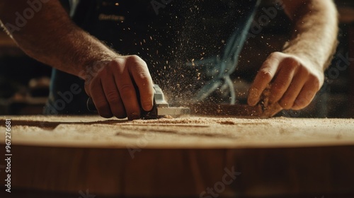 A skilled craftsman shaping wood with a hand planer, creating fine shavings in a rustic workshop. photo