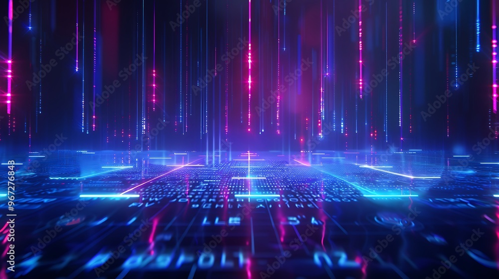 Vibrant digital landscape with glowing lines and patterns, showcasing a futuristic, high-tech atmosphere. Stage for product presentation. Vibrant digital landscape with glowing lines and patterns, showcasing a futuristic, high-tech atmosphere. Stage for product presentation.