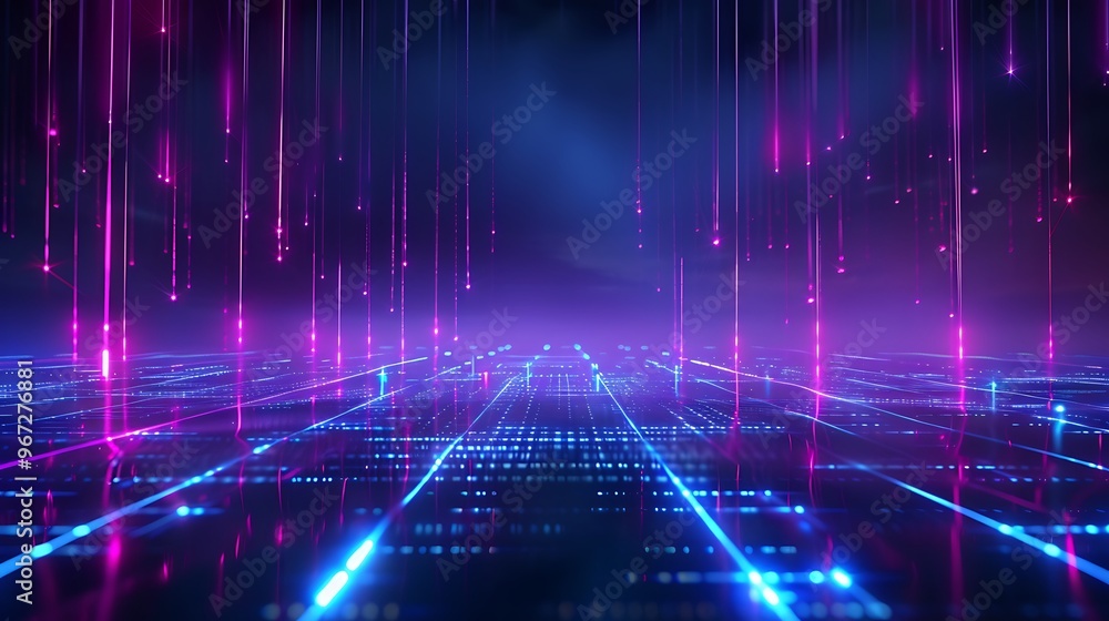 Vibrant digital landscape with neon lights and data streams, creating a futuristic atmosphere perfect for technology themes. Stage for product presentation. Vibrant digital landscape with neon lights and data streams, creating a futuristic atmosphere perfect for technology themes. Stage for product presentation.