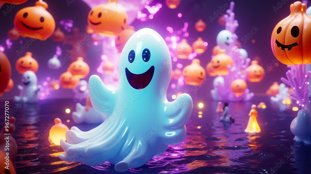A group of ghosts floating in a body of water surrounded by pumpkins A group of ghosts floating in a body of water surrounded by pumpkins