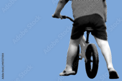 close up rear view of boy pushing bicycle pixelate color halftone dotted texture style collage element isolated on blue background