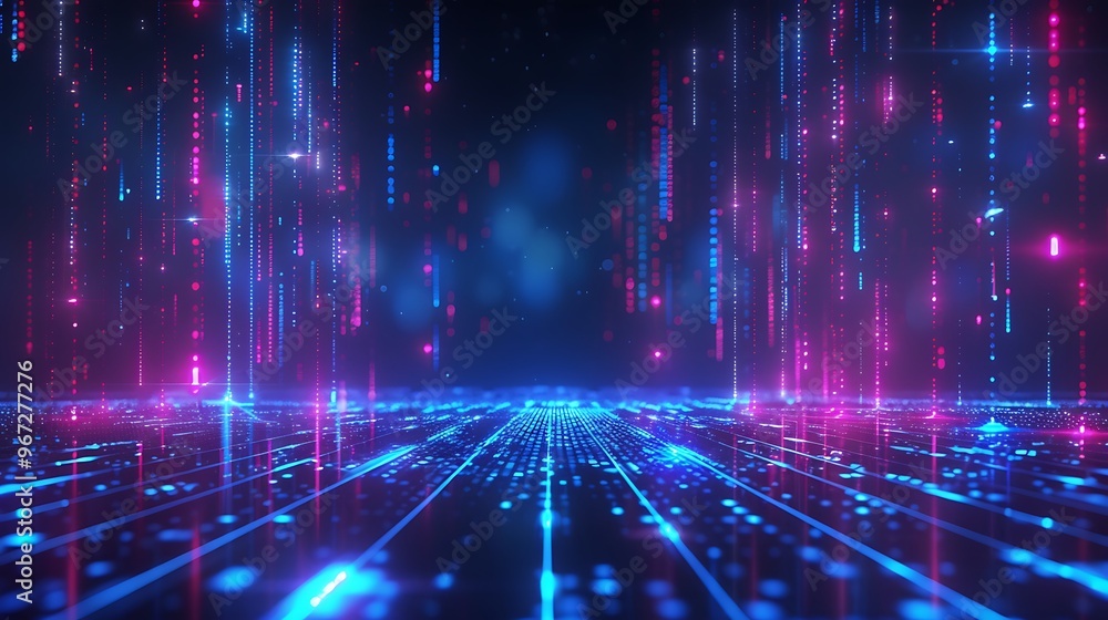 Fototapeta premium Vibrant futuristic digital landscape with glowing lines and particles, creating an immersive and dynamic atmosphere. Stage for product presentation.