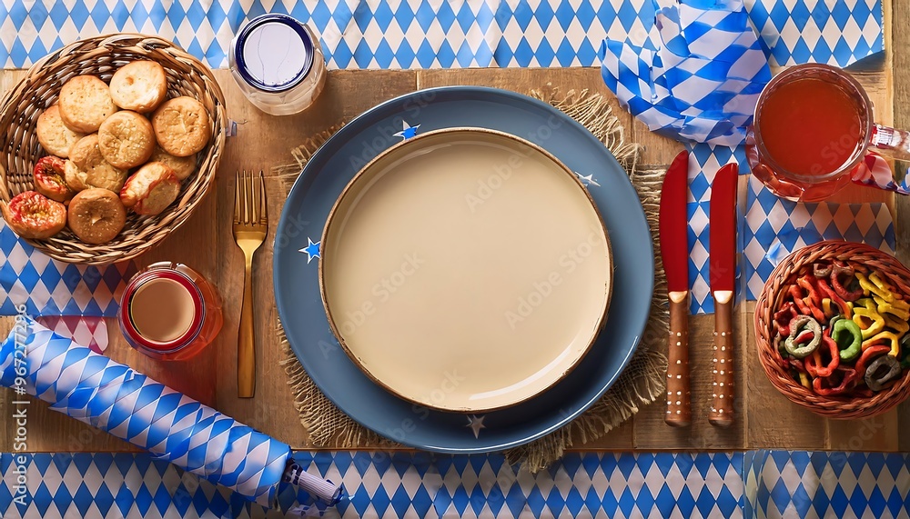 Oktoberfest Festive Table Setting with Copy Space - top down view of an Oktoberfest table setup with decorations - beer coasters, small flags, pretzel baskets, and candles. Graphic art illustration Oktoberfest Festive Table Setting with Copy Space - top down view of an Oktoberfest table setup with decorations - beer coasters, small flags, pretzel baskets, and candles. Graphic art illustration