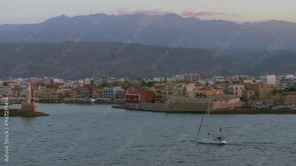 Chania town at dusk with sailing boat passing by and White Mountains in the background