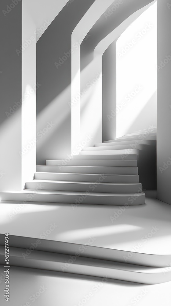 White Staircase in Minimalist Interior with Sunlight White Staircase in Minimalist Interior with Sunlight