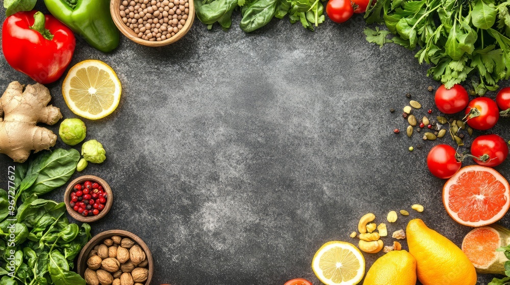 A balanced diet and proper nutrition contribute to overall well being and prevent chronic diseases, with empty copyspace in the middle