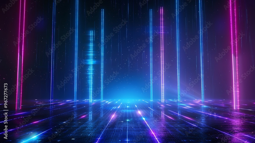 Vibrant neon light beams create a futuristic atmosphere in a digital space, perfect for technology and cyber themes. Stage for product presentation. Vibrant neon light beams create a futuristic atmosphere in a digital space, perfect for technology and cyber themes. Stage for product presentation.