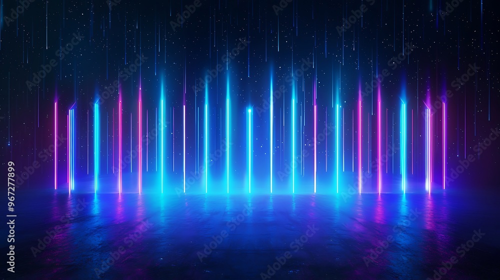 Vibrant neon light display with colorful beams, creating a futuristic atmosphere ideal for music events and digital art. Stage for product presentation. Vibrant neon light display with colorful beams, creating a futuristic atmosphere ideal for music events and digital art. Stage for product presentation.