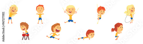 Little Boy and Girl Do Sport and Physical Activity Vector Set