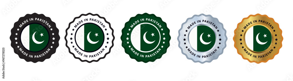 Made in pakistan set of sign stamp badge, with varian color green, silver, gold, black suitable for products manufactured, military, agriculture or food vector illustration eps editable text Made in pakistan set of sign stamp badge, with varian color green, silver, gold, black suitable for products manufactured, military, agriculture or food vector illustration eps editable text