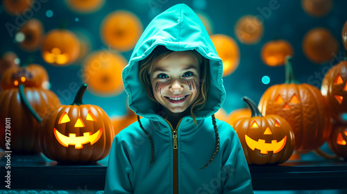 A little girl in a blue hoodie standing in front of a row of pumpkins photo