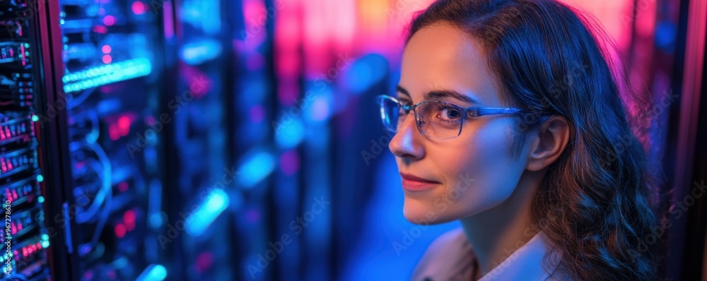 A focused female data scientist analyzes server performance in a modern data center illuminated with vibrant neon lights.