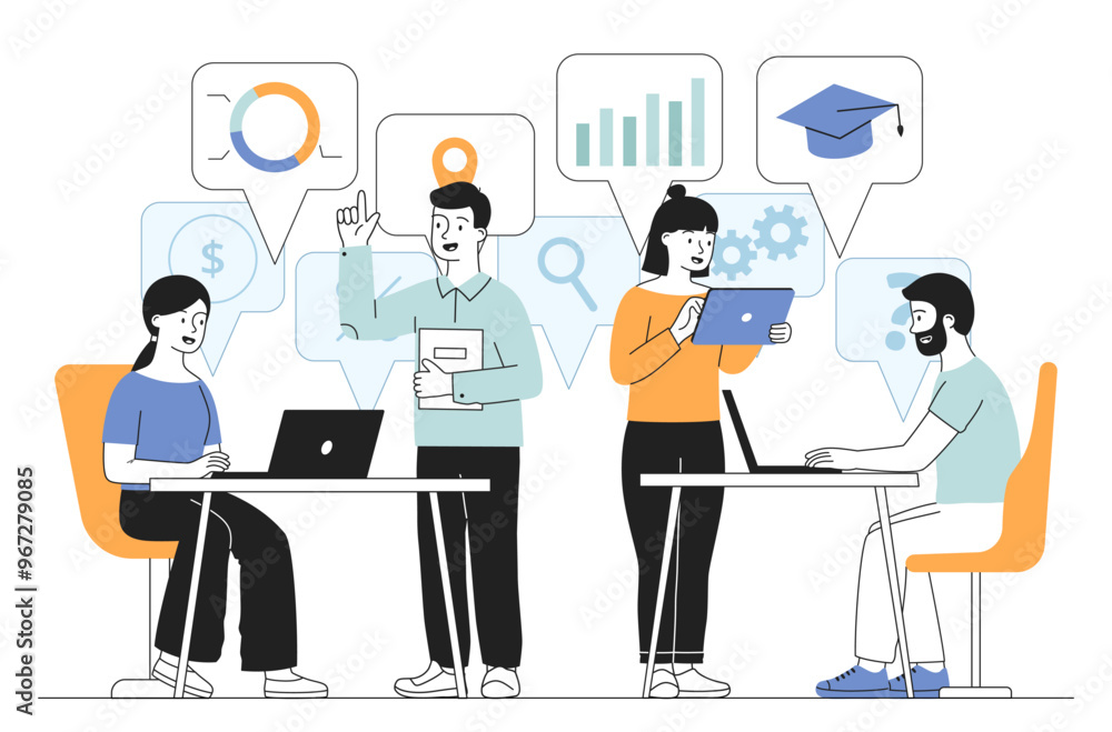 Teamwork in office. Men and women with graphs and diagrams. Organization of effective work process, collaboration and cooperation. Linear vector illustration Teamwork in office. Men and women with graphs and diagrams. Organization of effective work process, collaboration and cooperation. Linear vector illustration