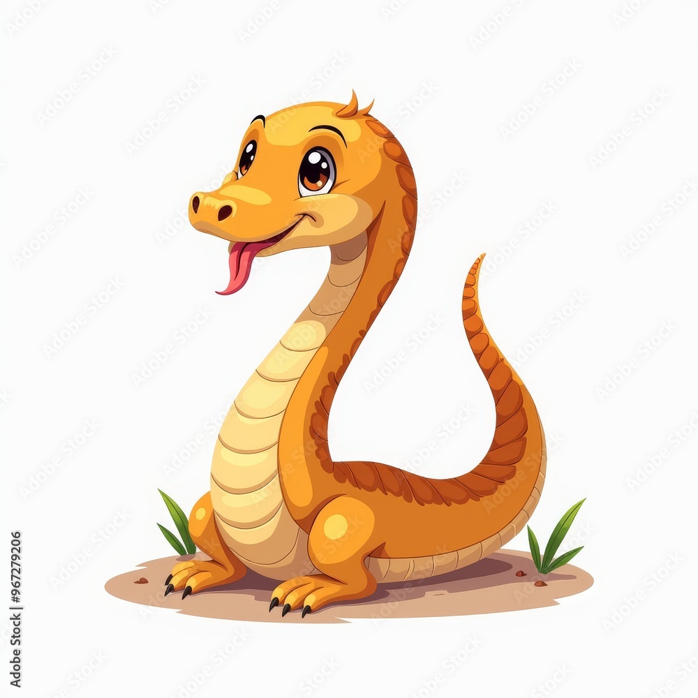 Fototapeta premium Cute Cartoon Snake Illustration - Smiling Orange Snake Character with Greenery