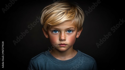 A young boy with blonde hair and blue eyes is standing in front of a black background. He is wearing a blue shirt and a blue sweater